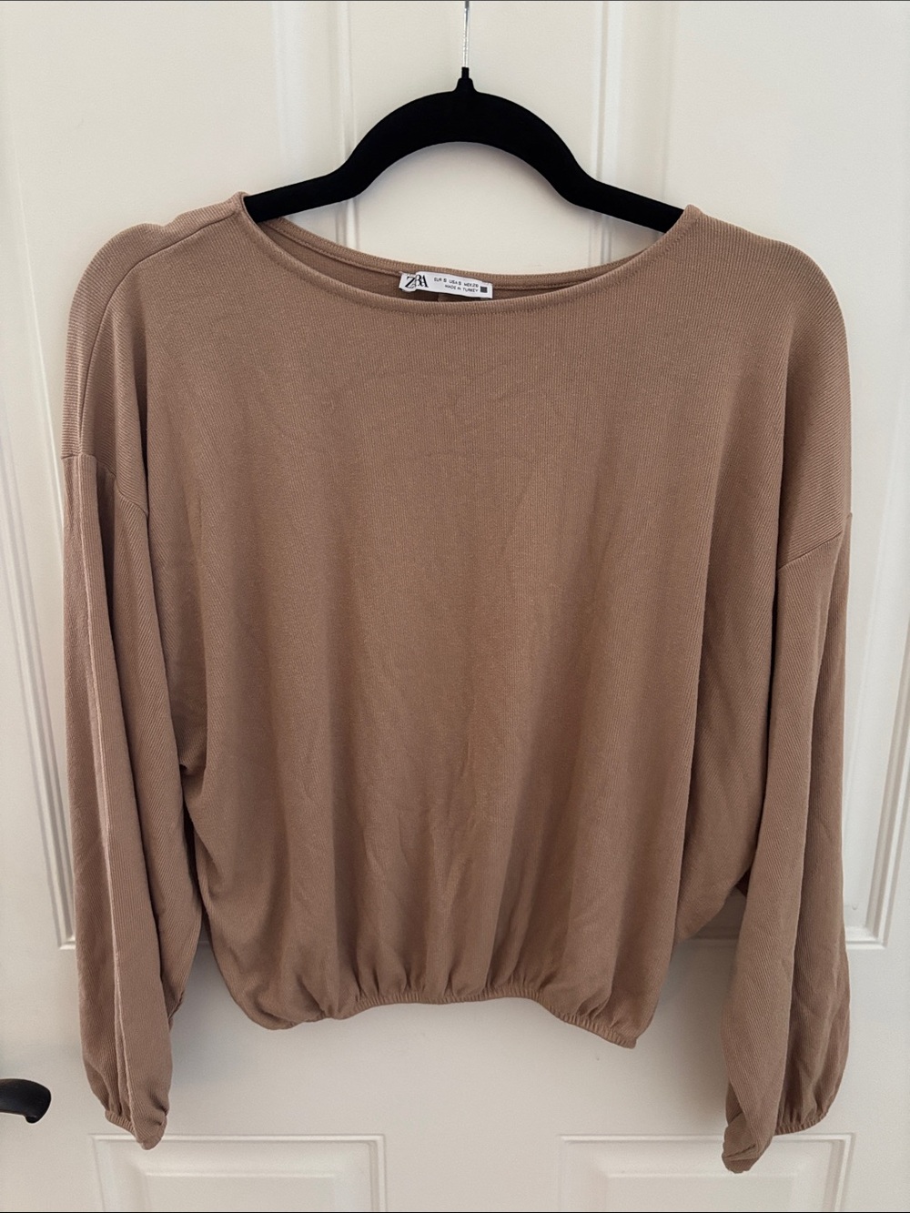 Zara Taupe Balloon-Sleeve Knit Top